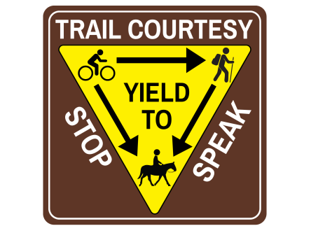 Señal de cortesía del sendero: muestra que los ciclistas deben ceder el paso a los excursionistas, y tanto los ciclistas como los excursionistas deben ceder el paso a los jinetes.